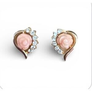 Vintage Heart shaped Earrings Gold-tone with Peach Floral and Crystal inlay